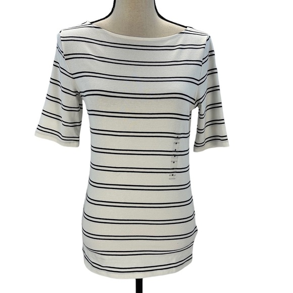 Ralph Lauren Short Sleeve Boat Neck Striped Tee Shirt - White Blue  - Medium - Picture 1 of 10
